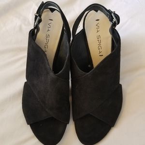 Via Spiga Black Suede Sz. 8 1/2 Peep Toe Shoe